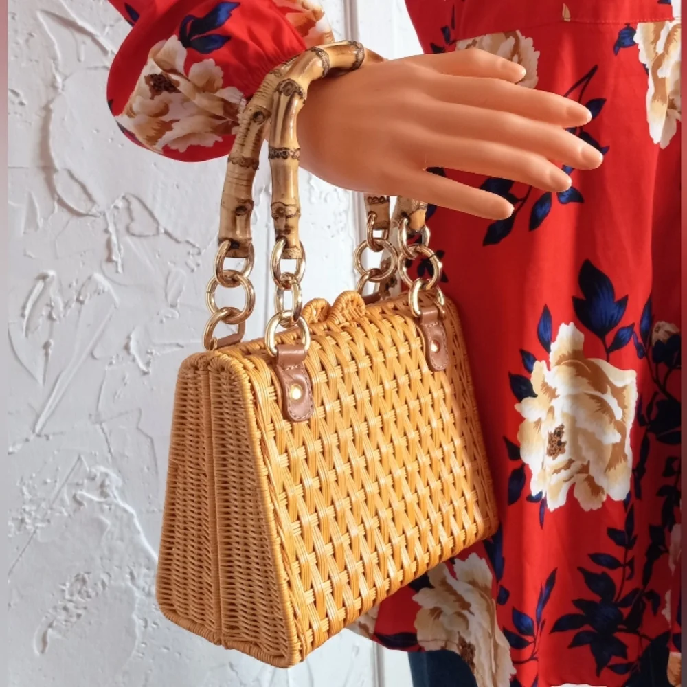 Serpui Paola Wicker Bag with Bamboo handles & strap. MSRP $398